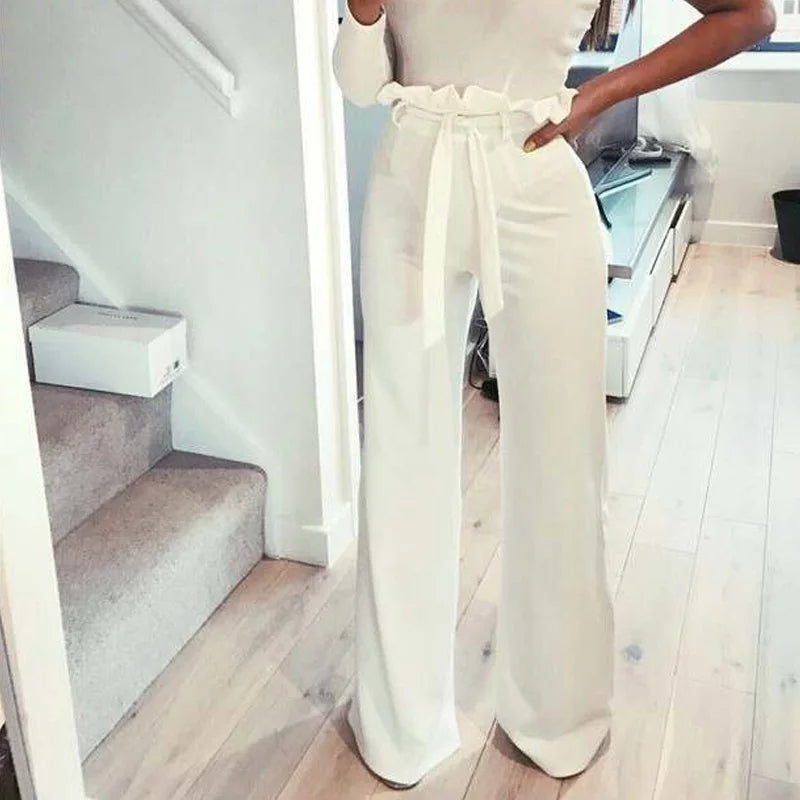 High Wasit Solid Casual Bandage Sashes Long Elegant Loose Pants