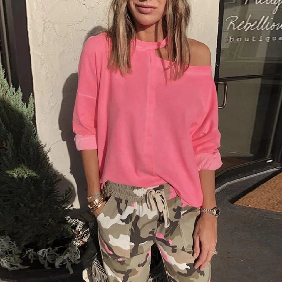 Off the shoulder top and Camo joggers