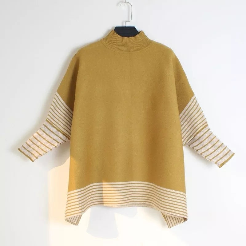 Womwn Turtleneck Sweater Knit Batwing Sleeve Striped Cloaks Cloak Vintage Casual Loose Sweater