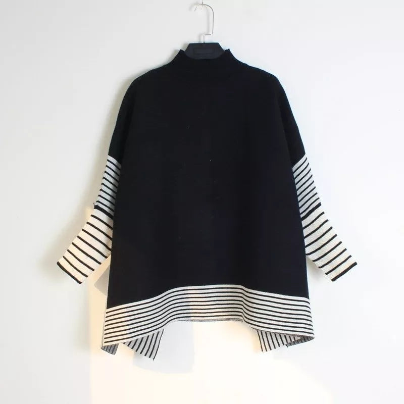 Womwn Turtleneck Sweater Knit Batwing Sleeve Striped Cloaks Cloak Vintage Casual Loose Sweater