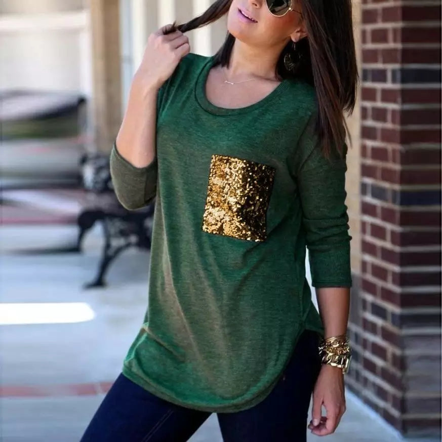 T Shirt Women Clothes Pocket Sequins Bling Tshirt Long Sleeve Tops Womens Clothing Cotton Casual Te