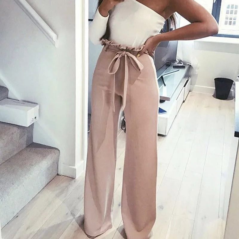 High Wasit Solid Casual Bandage Sashes Long Elegant Loose Pants