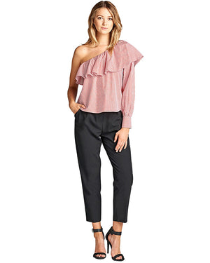 Flounce layer w/long sleeve one-shoulder top