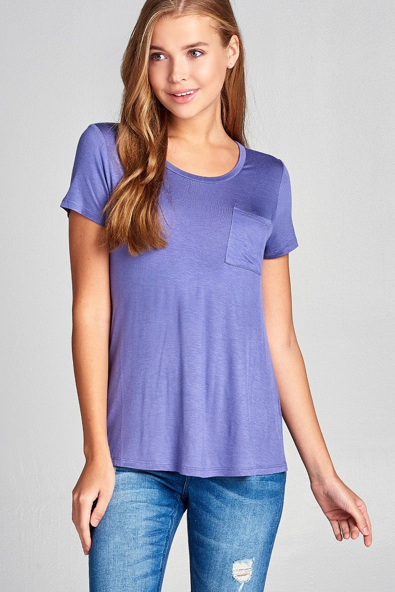 Ladies fashion short sleeve scoop neck top w/ pocket