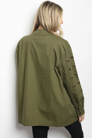 Ladies fashion long sleeve utility jack that features grommet details and a collard neckline