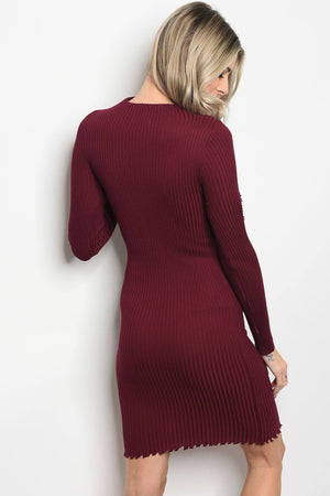 Ladies fashion long sleeve ribbed knit fitted bodycon dress with distressed details and a mock neckline