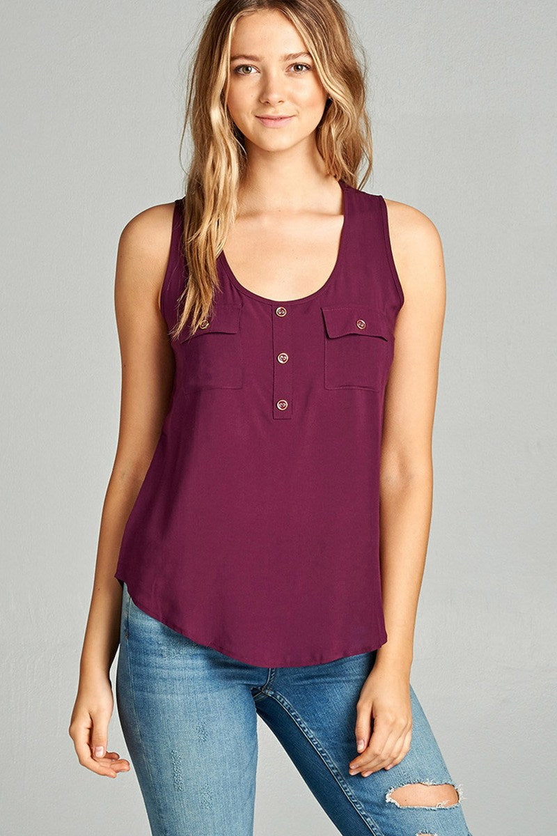Ladies fashion woven tank top w/ front double pockets & button detail