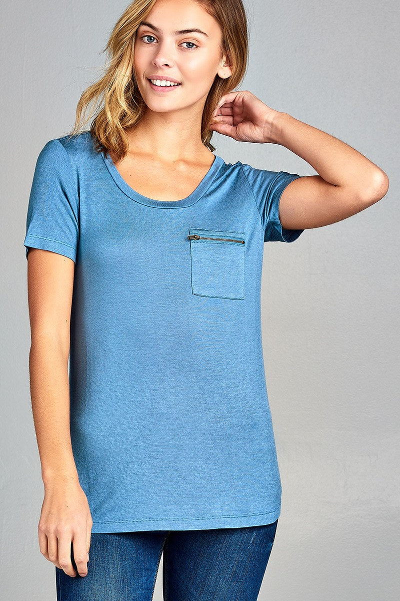 Ladies fashion short sleeve round neck zippered pocket top