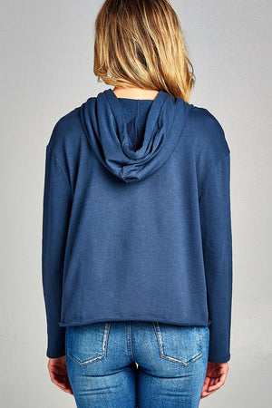Ladies fashion long dolman sleeve drawstring hoodie cut out hem french terry top