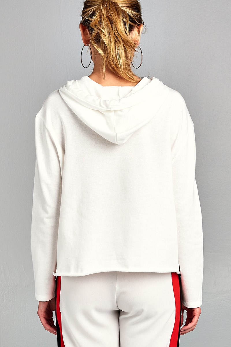 Ladies fashion long dolman sleeve drawstring hoodie cut out hem french terry top