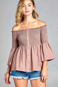 Ladies fashion off the shoulder smocked w/button woven top