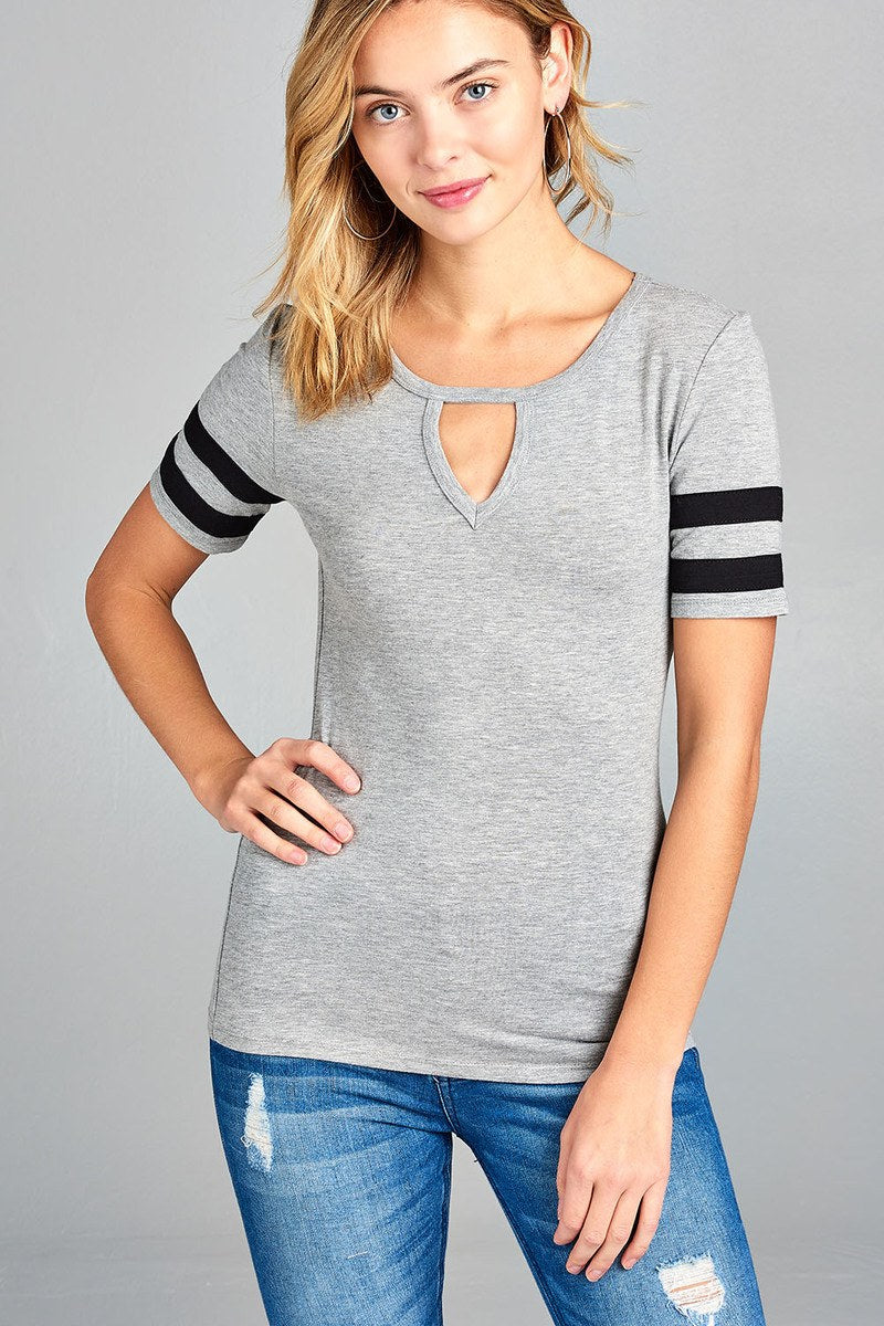 Ladies fashion short w/double stripe sleeve choker keyhole cotton spandex top