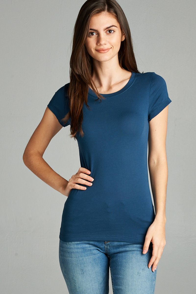 Ladies fashion short sleeve crew neck tee w/ contrast neck inbinding