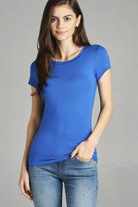 Ladies fashion short sleeve crew neck tee w/ contrast neck inbinding