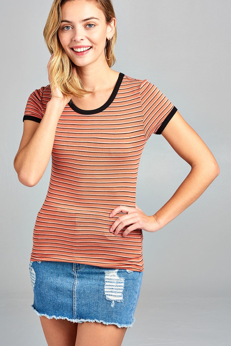 Ladies fashion round neck short sleeve yarn dye stripe rayon spandex jersey top