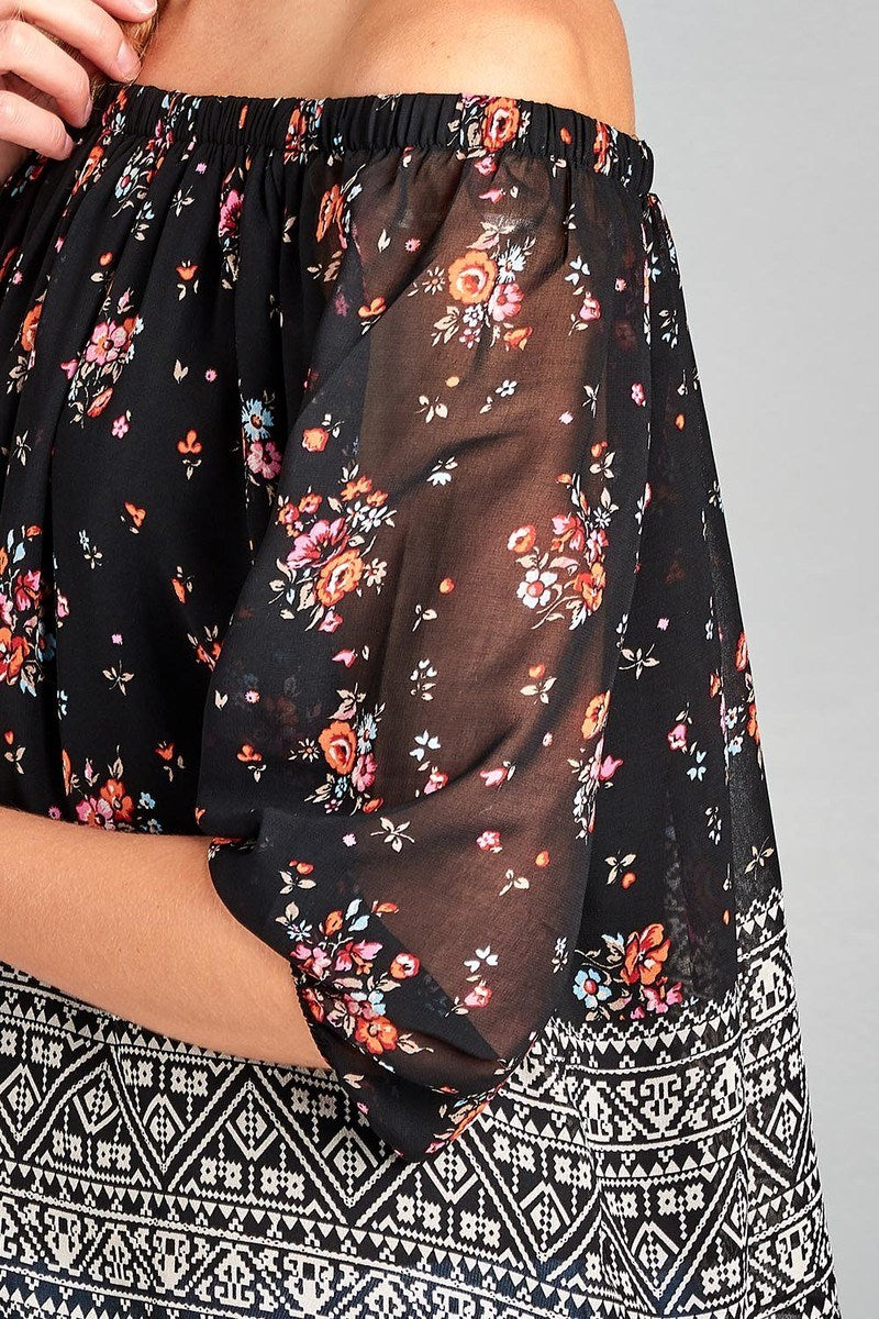 Ladies fashion off the shoulder with floral border print chiffon woven top