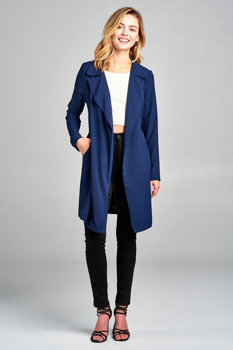 Ladies fashion long sleeve open front w/belt drape woven jacket