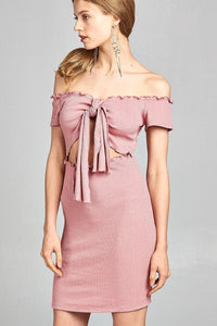 Ladies fashion short sleeve off the shoulder front keyhole w/self bow tie merrow hem knit mini dress