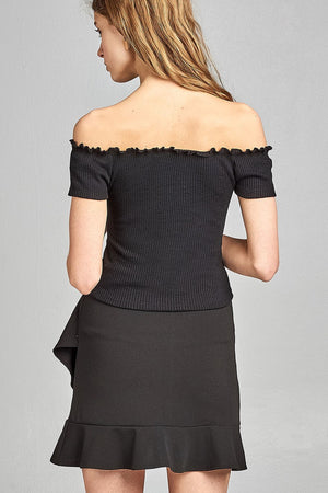 Ladies fashion short sleeve off the shoulder front keyhole w/self bow tie merrow hem knit top