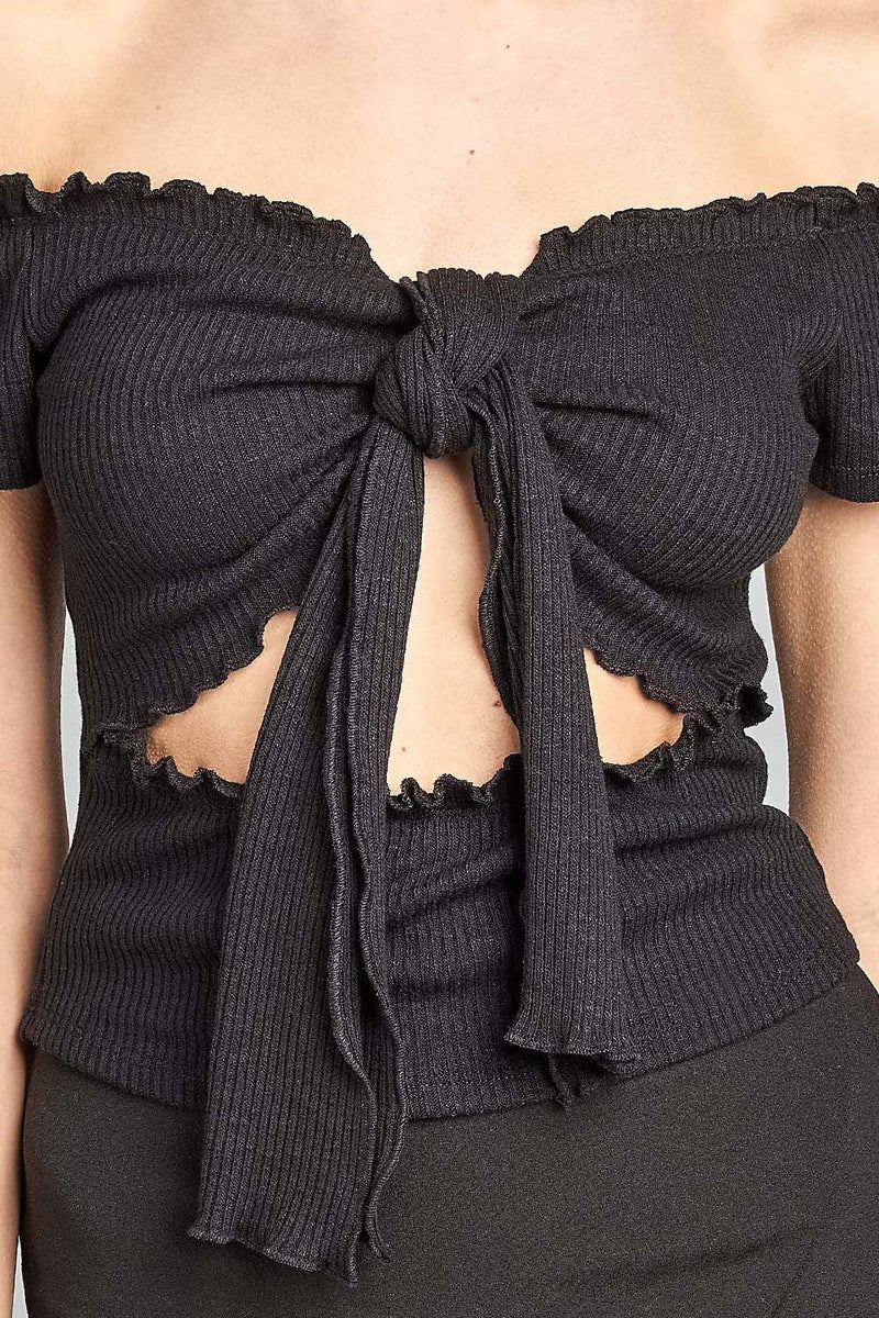 Ladies fashion short sleeve off the shoulder front keyhole w/self bow tie merrow hem knit top