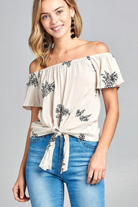 Ladies fashion flounce off the shoulder front self tie all over embo crinkle gauze woven top