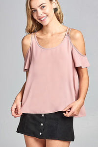 Ladies fashion open shoulder short sleeve wool dobby top