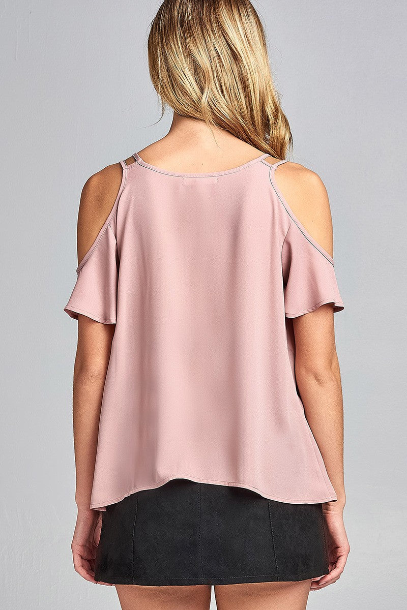 Ladies fashion open shoulder short sleeve wool dobby top