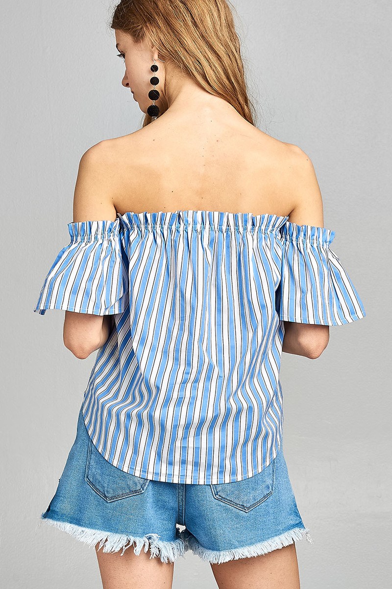 Ladies fashion short sleeve off the shoulder multi stripe top