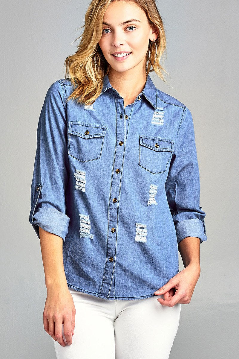 Ladies fashion 3/4 roll up sleeve distressed chambray shirts