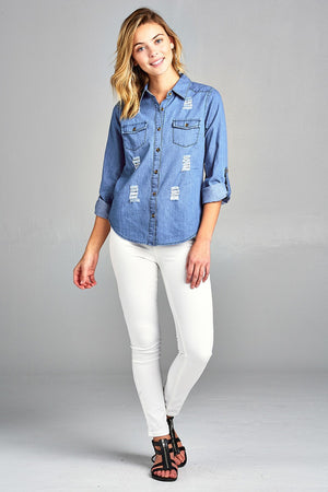 Ladies fashion 3/4 roll up sleeve distressed chambray shirts