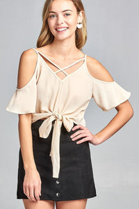 Ladies fashion short sleeve open shoulder v-neck w/cross strap front self-tie crepe woven top