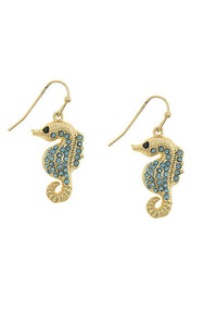 Color rhinestone accent sea horse drop earrings