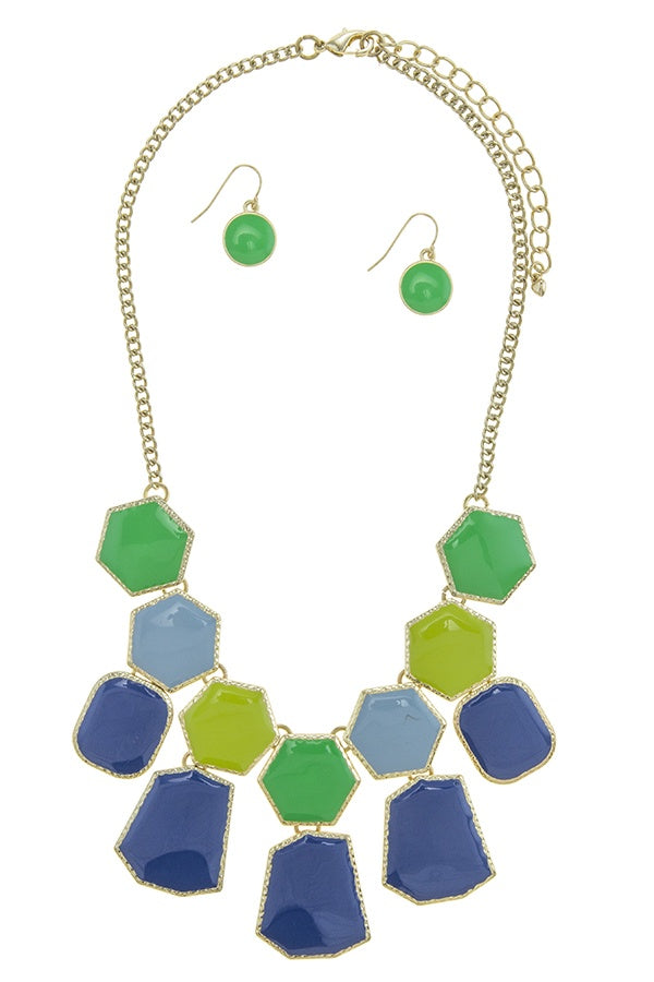 Irregular shape faux gem fringed statement necklace set