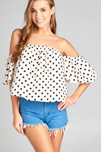 Ladies fashion off the shoulder dot print rayon challis woven top