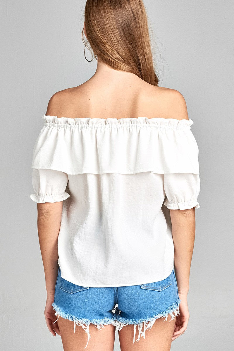 Ladies fashion short sleeve w/elastic off the shoulder flounce w/ruffle woven top