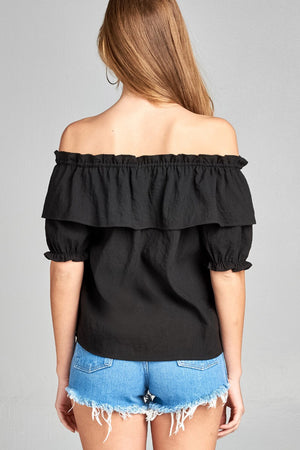 Ladies fashion short sleeve w/elastic off the shoulder flounce w/ruffle woven top