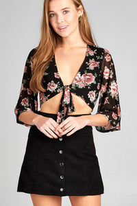 Ladies fashion elbow bell sleeve open front self tie floral print mesh crop top