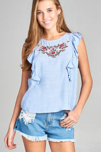 Ladies fashion ruffle cap sleeve round neck front floral embo w/back button detail stripe woven top