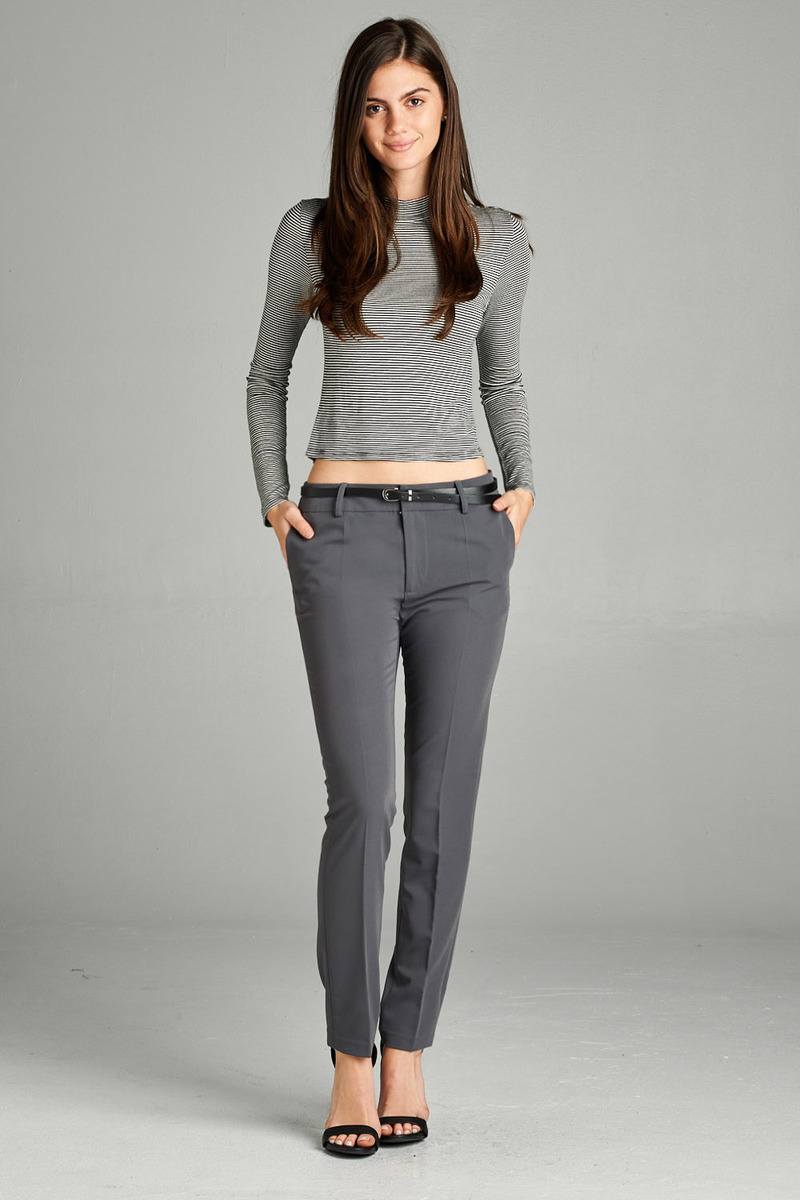 Ladies fashion classic woven pants w/ belt