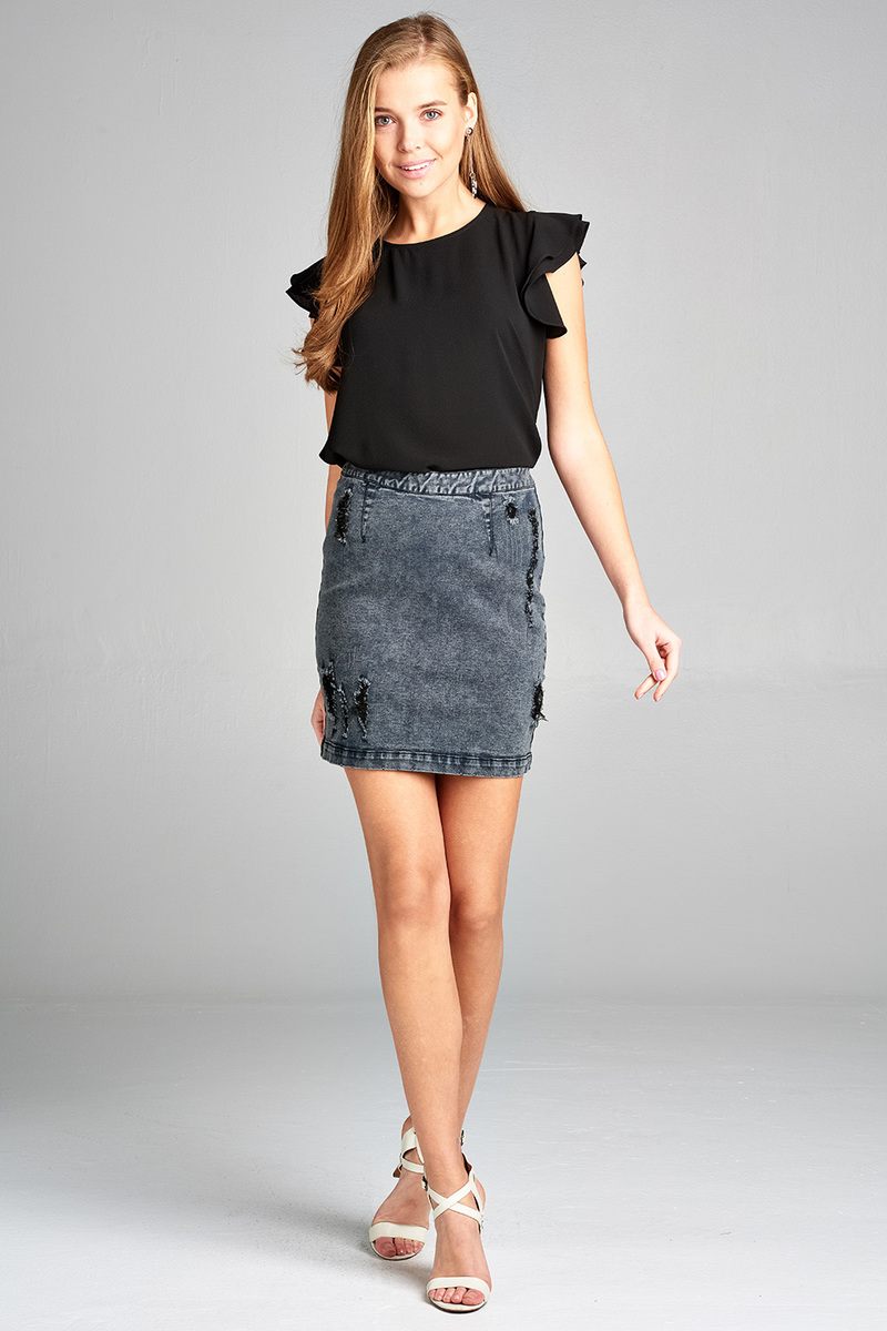 Ladies fashion distressed denim mini skirt w/back zipper