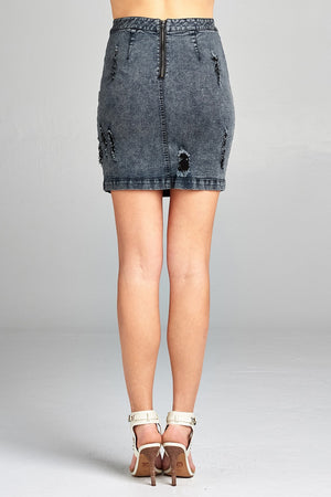 Ladies fashion distressed denim mini skirt w/back zipper