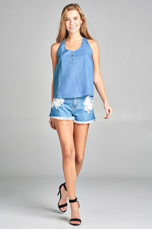Ladies fashion sleeveless scoop neck front pocket w/button detail chambray top
