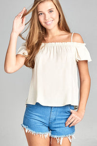 Ladies fashion short sleeve smoked neckline w/back self bow tie slub woven top