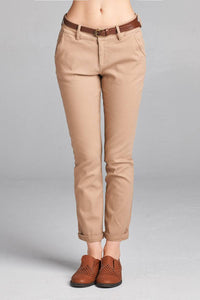 Ladies fashion cotton spandex twill long pants w/belt