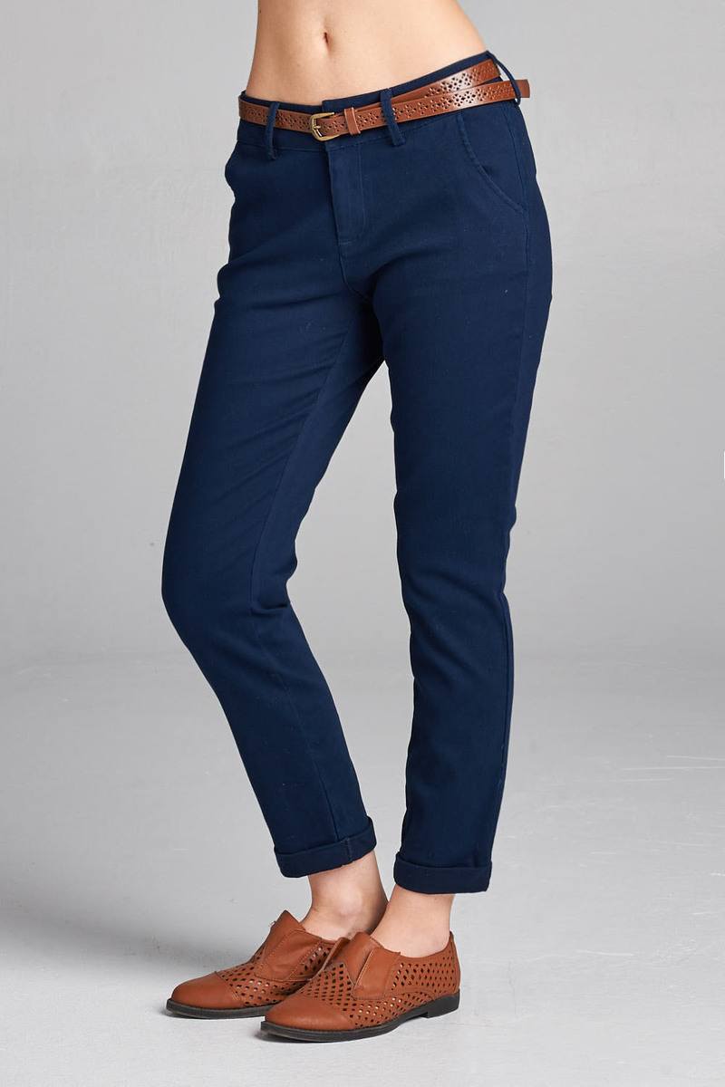 Ladies fashion cotton spandex twill long pants w/belt