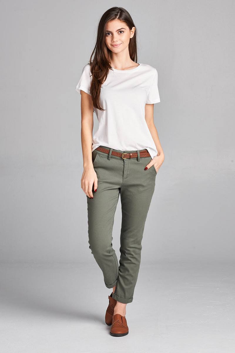 Ladies fashion cotton spandex twill long pants w/belt