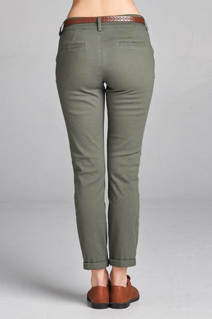 Ladies fashion cotton spandex twill long pants w/belt