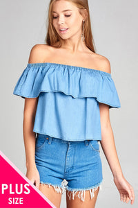 Ladies fashion plus size off the shoulder chambray ruffle top