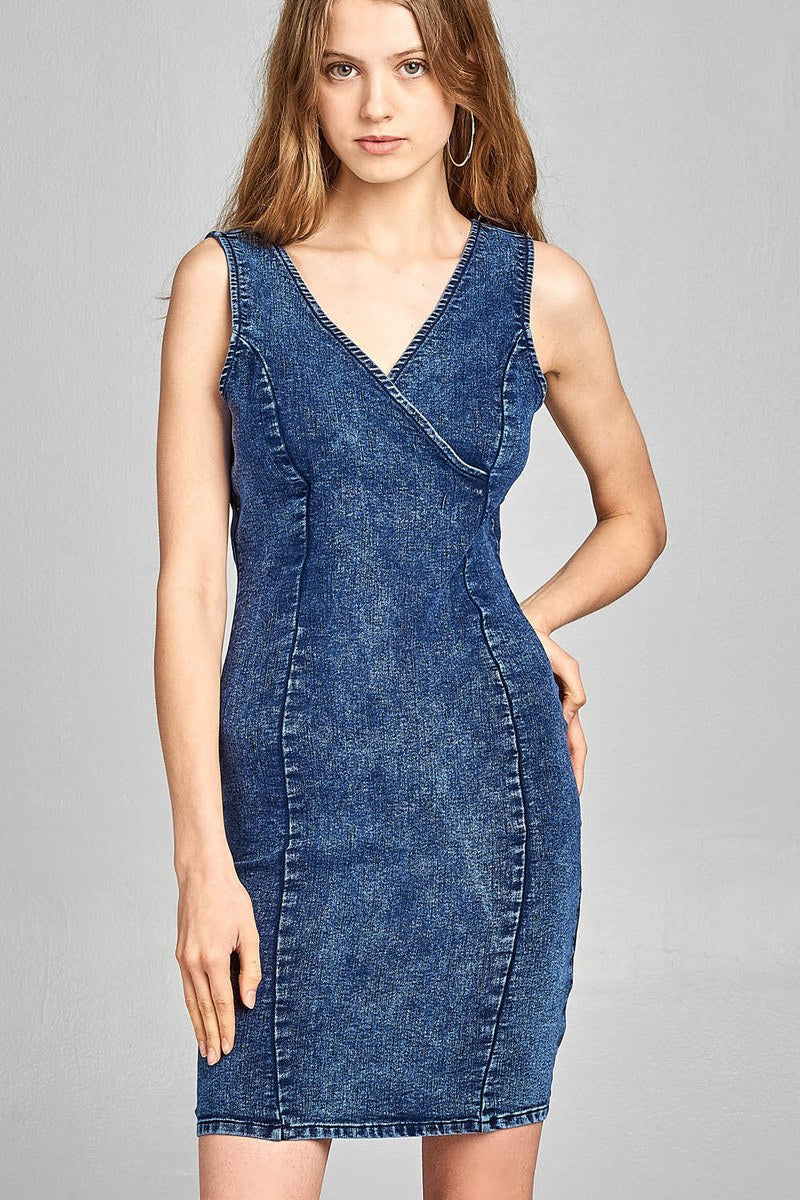 Ladies fashion double v-neck front wrap detail w/back zipper bodycon denim mini dress