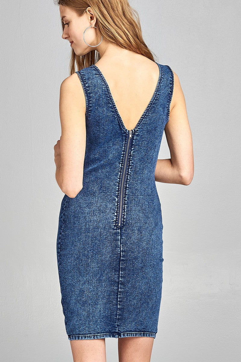 Ladies fashion double v-neck front wrap detail w/back zipper bodycon denim mini dress